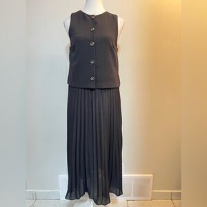 ZARA Black Pleated Midi Dress  Sleeveless Button Top Elegant Minimalist